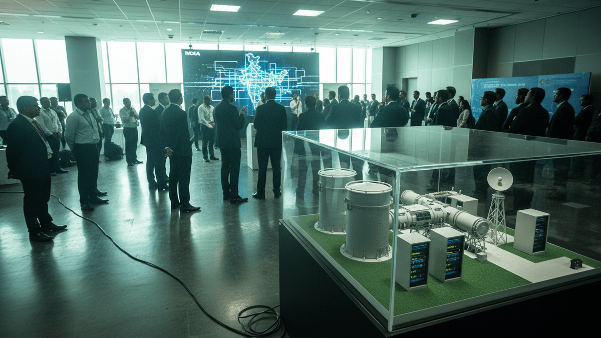 A miniature model of a Small Modular Reactor (SMR) complex in a glass case, with Indian officials observing it.