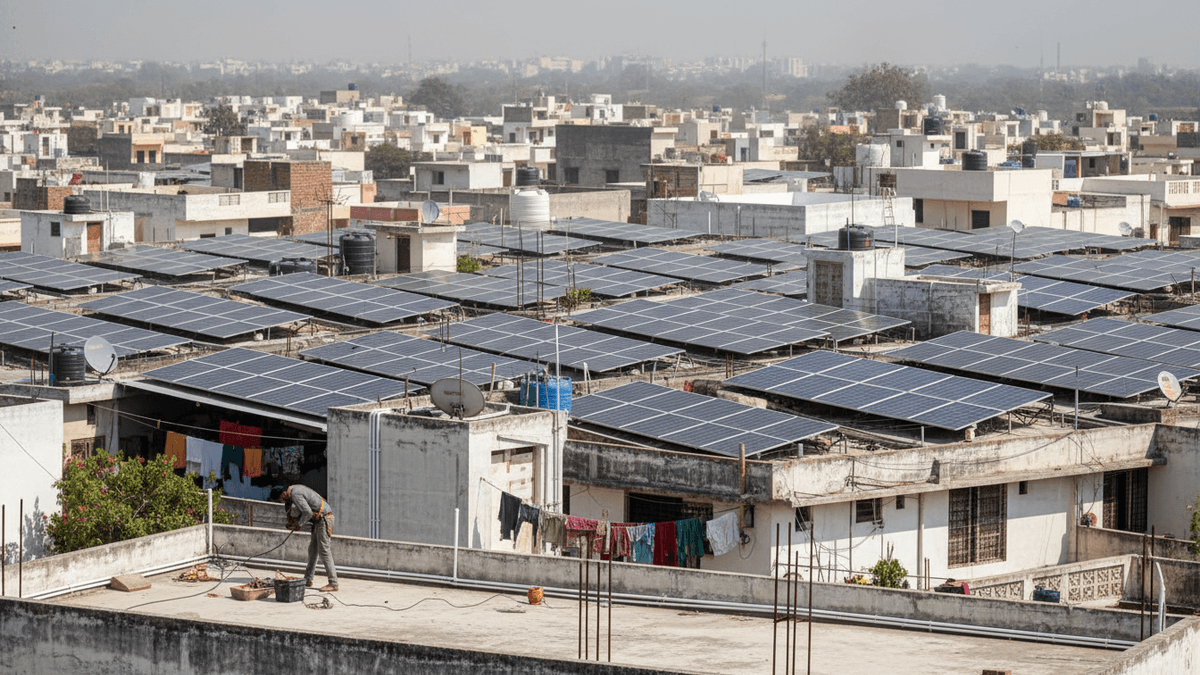 An aerial shot of an urban landscape filled with buildings, many topped with solar panels.