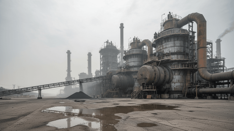 An industrial coal gasification plant with large metal structures, pipes, and smokestacks under a hazy, overcast sky. The ground is wet with puddles.