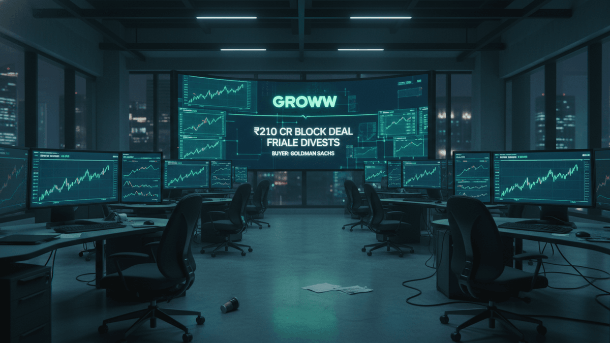 An empty trading floor at night, multiple computer monitors display stock charts and financial news.