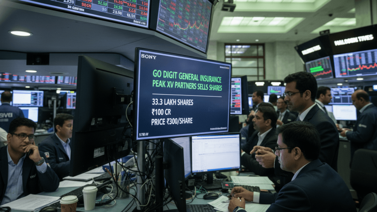 Traders observe screens displaying stock market information, including details about Go Digit General Insurance share sales, in a brightly lit trading room.