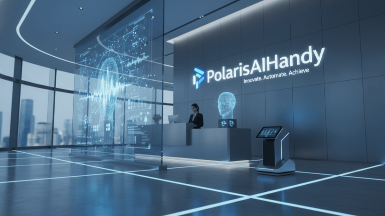 A high-tech corporate lobby with the PolarisAIHandy logo prominent on a wall, a receptionist at a desk, and a transparent partition displaying AI-themed visuals.