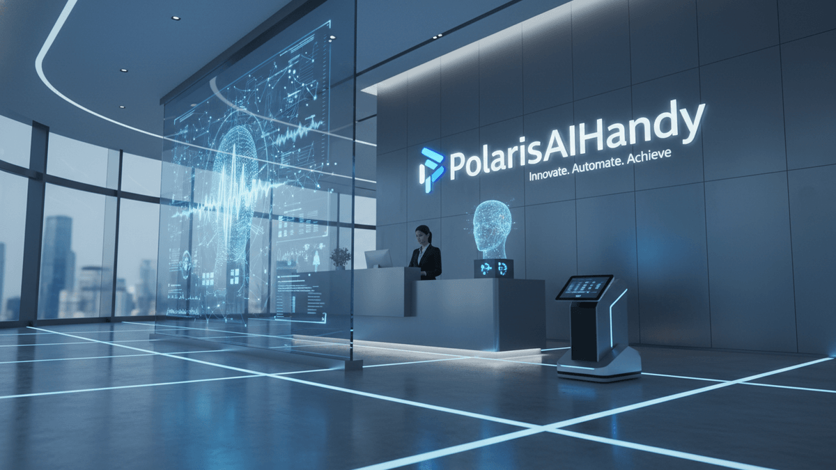 A high-tech corporate lobby with the PolarisAIHandy logo prominent on a wall, a receptionist at a desk, and a transparent partition displaying AI-themed visuals.