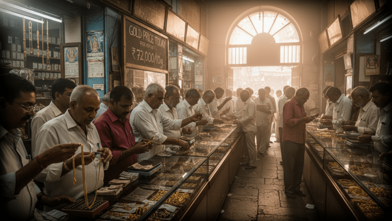 Interior of a bustling Indian gold shop, men in traditional attire inspecting various gold ornaments and coins displayed in glass cases.