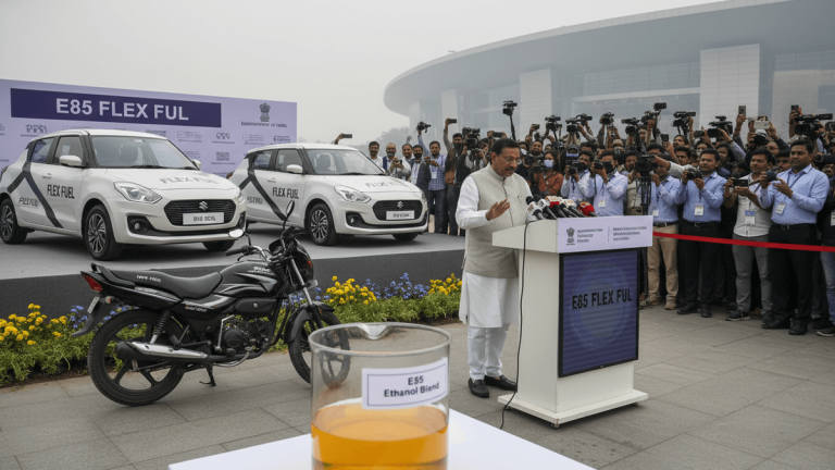A man in a light-colored vest speaks at a podium with microphones, facing a crowd of photographers and media. Two white cars and a black motorcycle are parked behind him. In the foreground, a beaker of amber liquid is labeled "E85 Ethanol Blend."
