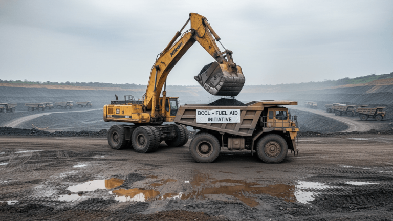 An excavator loads coal into a large haul truck with "BCCL - FUEL AID INITIATIVE" on its side, under an overcast sky.