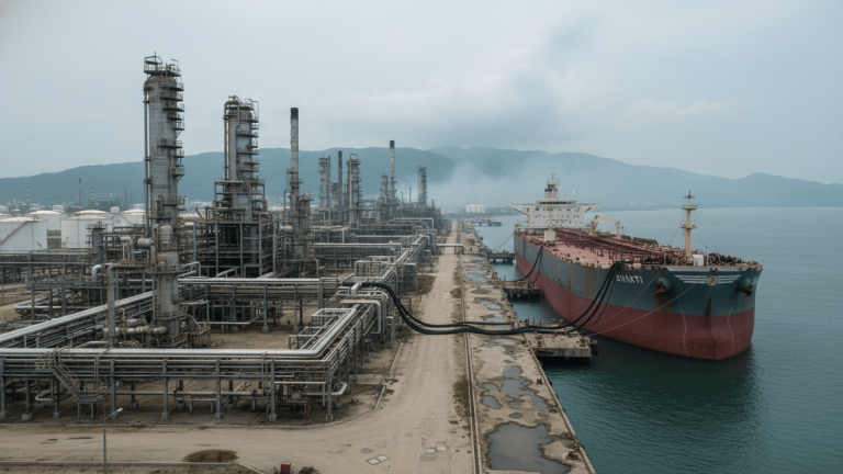 An aerial shot of a large oil refinery with numerous towers and pipes, alongside a massive oil tanker docked at a pier.
