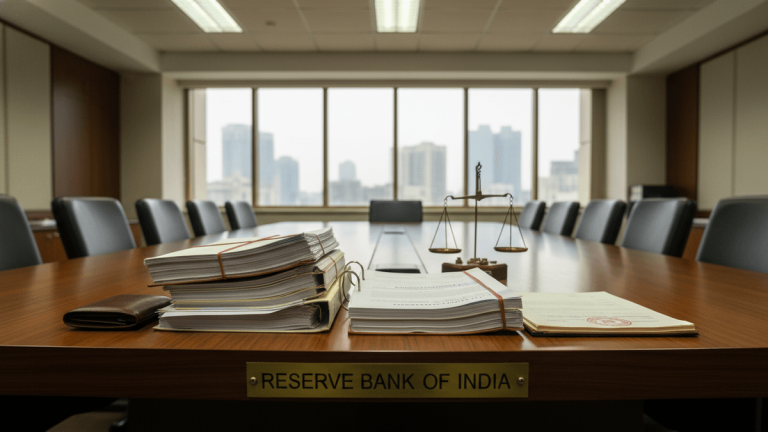A large polished conference table in a modern office with legal documents stacked on it. A "Reserve Bank of India" plaque is visible.