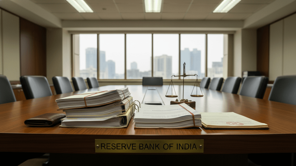 A large polished conference table in a modern office with legal documents stacked on it. A "Reserve Bank of India" plaque is visible.