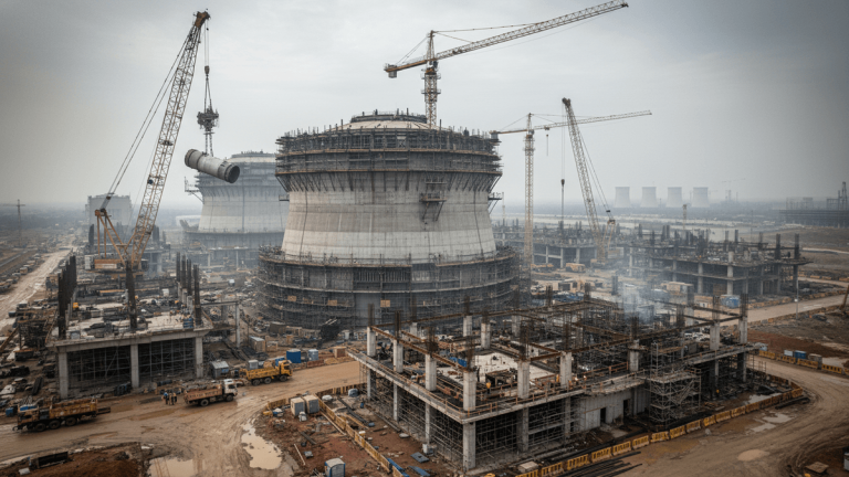 An aerial view of the Kudankulam Nuclear Power Plant under construction, featuring multiple cooling towers and cranes.