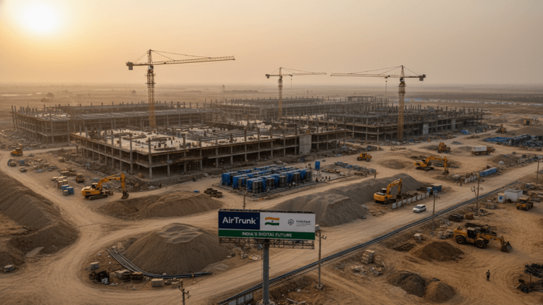 An aerial view of a vast data center construction site at sunrise, with multiple cranes, partially built structures, and heavy machinery.