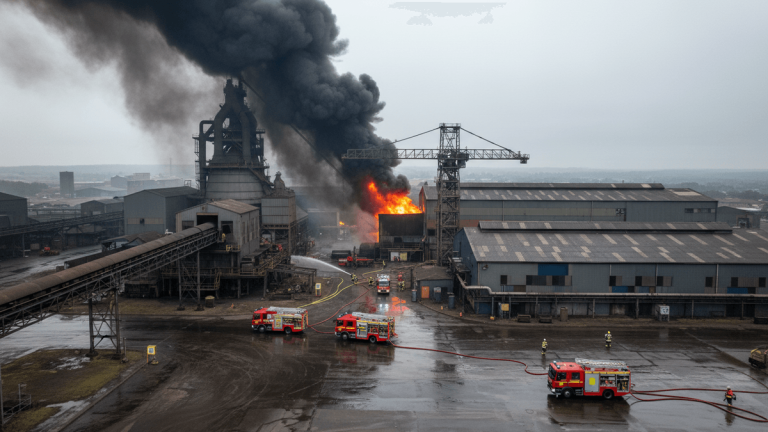 A wide shot shows three red fire engines with hoses extended, battling a large fire emitting thick black smoke from an industrial building within a vast steel plant complex under an overcast sky.