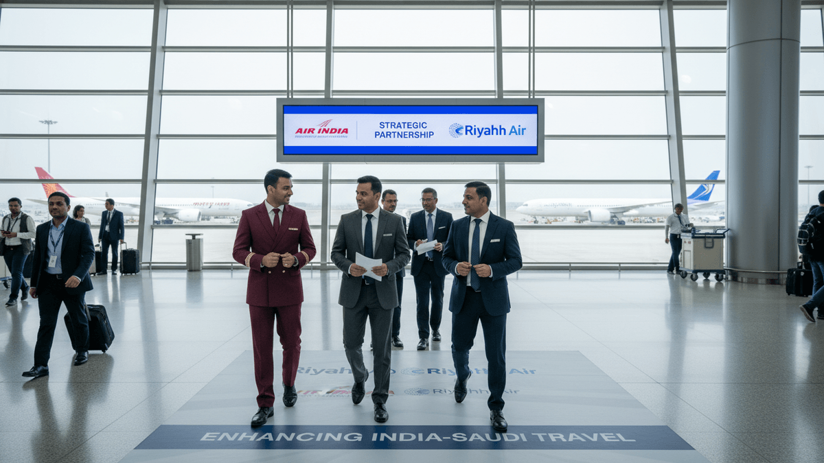 A group of five male executives in suits walk across a reflective airport floor towards the viewer, beneath a large screen displaying "AIR INDIA STRATEGIC PARTNERSHIP RIYADH AIR." Large windows overlook parked airplanes on the tarmac.