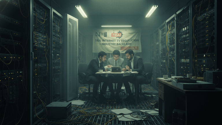 Three men in suits sit around a table in a dimly lit server room, looking at a tablet, surrounded by racks of blinking servers.