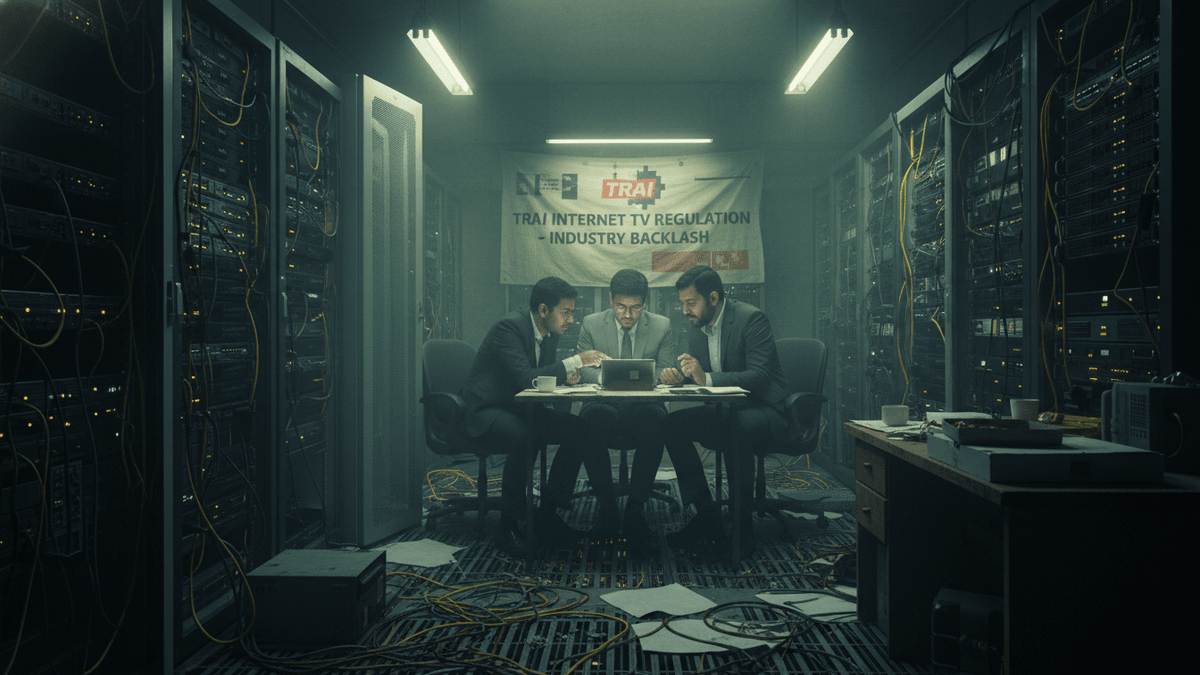 Three men in suits sit around a table in a dimly lit server room, looking at a tablet, surrounded by racks of blinking servers.