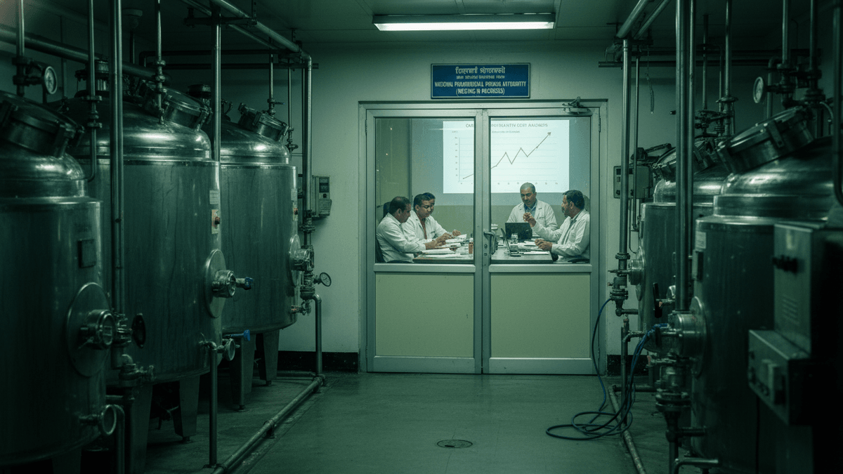 Four men in a meeting room, visible through a glass wall, surrounded by industrial pharmaceutical manufacturing equipment.