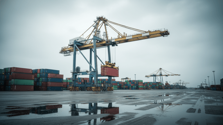 A wide shot of a large container shipping terminal under an overcast sky, with a gantry crane lifting a red container.