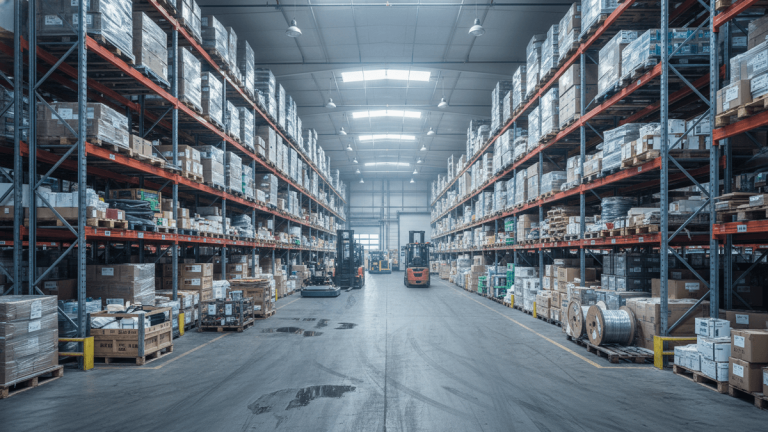 A wide shot inside a large industrial warehouse, showing tall metal shelves packed with boxed and wrapped inventory. Two forklifts are visible in the central aisle.