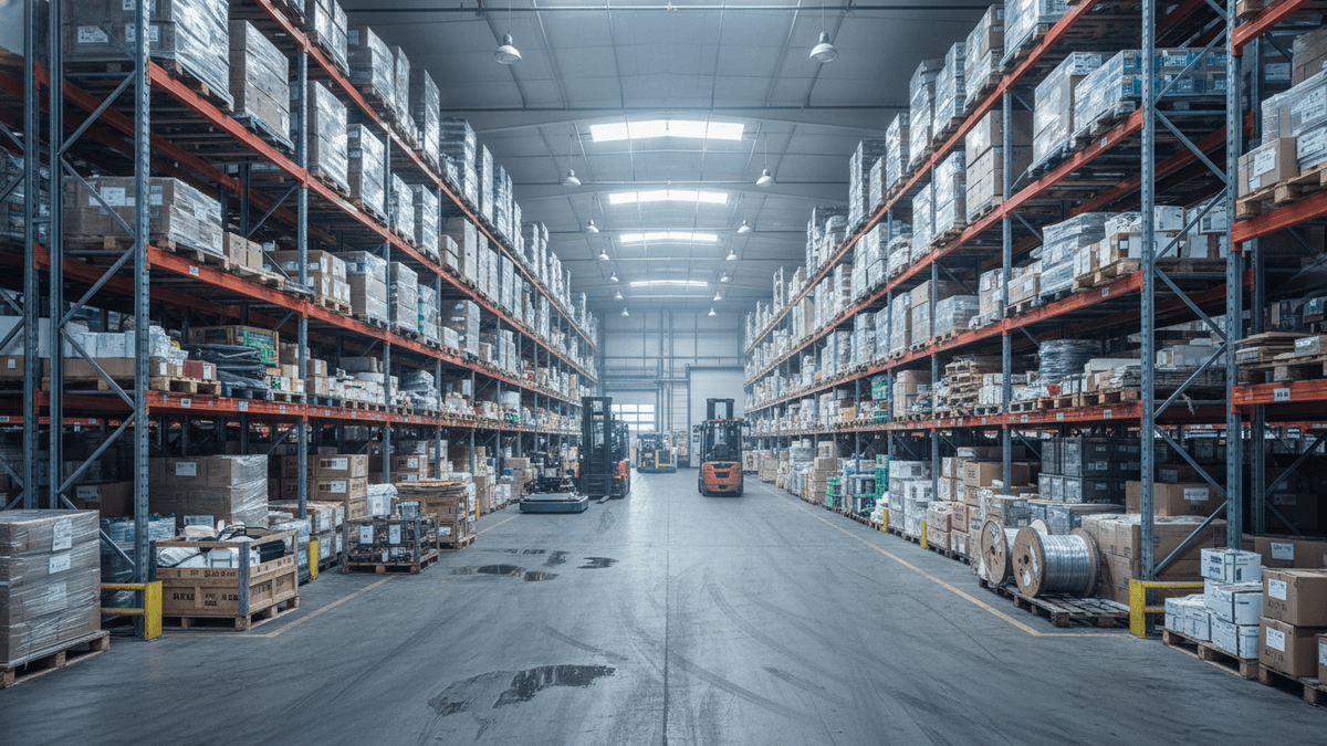 A wide shot inside a large industrial warehouse, showing tall metal shelves packed with boxed and wrapped inventory. Two forklifts are visible in the central aisle.