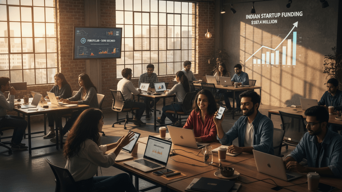 A modern open-plan office with large industrial windows, workers on laptops, and a digital dashboard displaying tech company metrics.