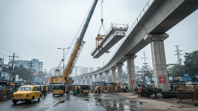 A large yellow crane lifts a concrete metro pier segment over a bustling street with yellow taxis, auto-rickshaws, and construction workers.