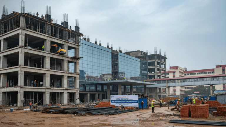 A wide shot of a multi-story hospital under construction in India, with workers, building materials, and a finished section visible.