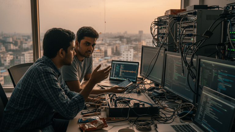 Two male engineers at a desk with multiple monitors, servers, and cables, working on voice AI infrastructure as the sun sets over a city.