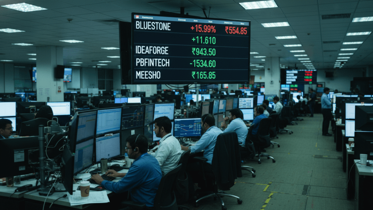 An Indian stock market trading floor filled with traders at their desks, under artificial fluorescent lighting. A large screen displays BlueStone, ideaForge, PB Fintech, and Meesho stock prices.