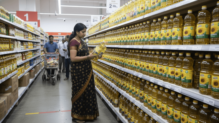 A woman in a black and maroon sari holds a large yellow bottle of cooking oil, examining it intently in a supermarket aisle.