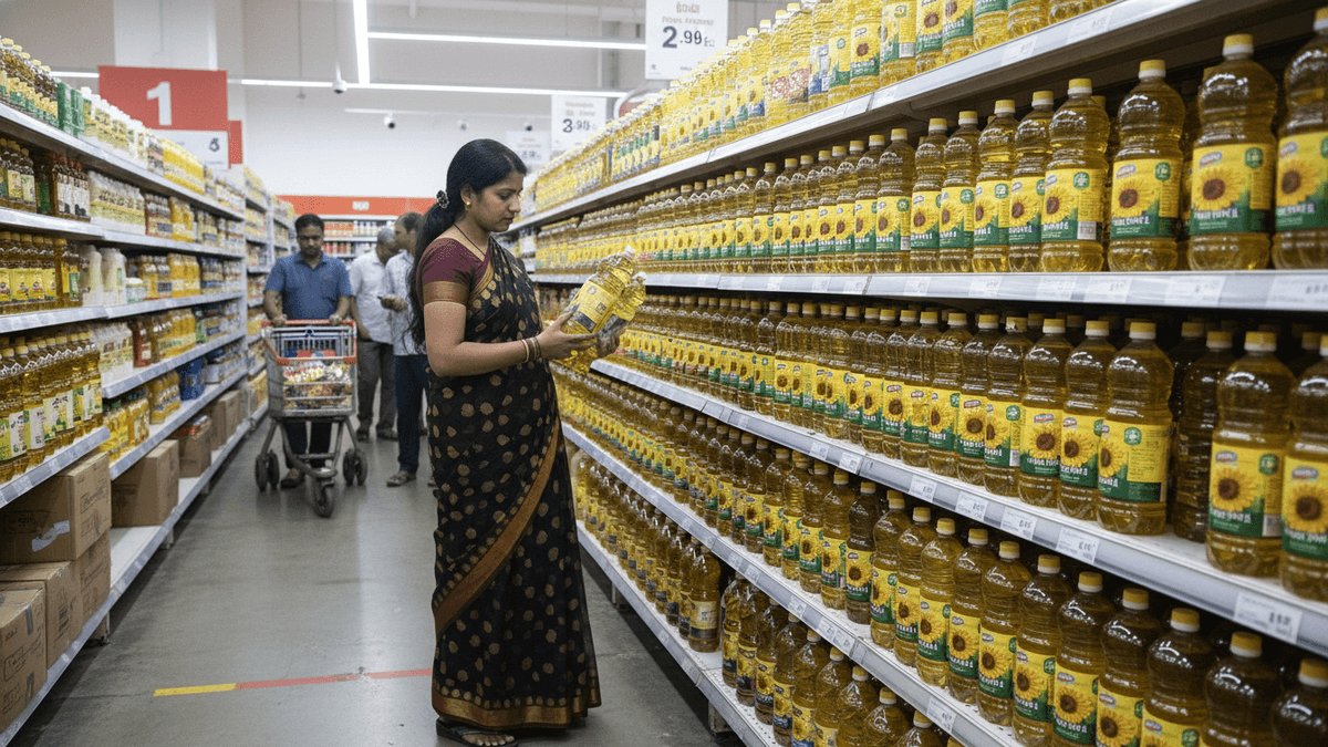 A woman in a black and maroon sari holds a large yellow bottle of cooking oil, examining it intently in a supermarket aisle.