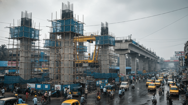 A wide shot of a bustling street in Kolkata, India, with an elevated metro line under construction in the foreground.