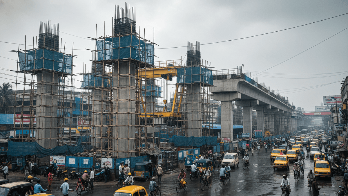 A wide shot of a bustling street in Kolkata, India, with an elevated metro line under construction in the foreground.