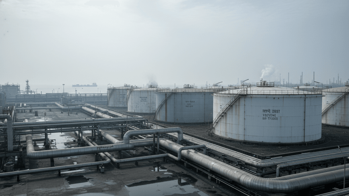 A wide shot of large white oil storage tanks and a network of grey pipelines on a wet, dark tarmac, with industrial haze.
