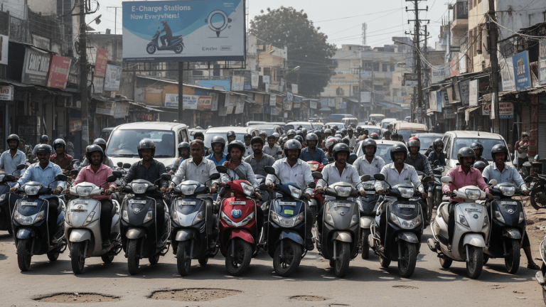 A crowded street in India with many motorcyclists stopped at an intersection, an advertisement billboard visible in the background.