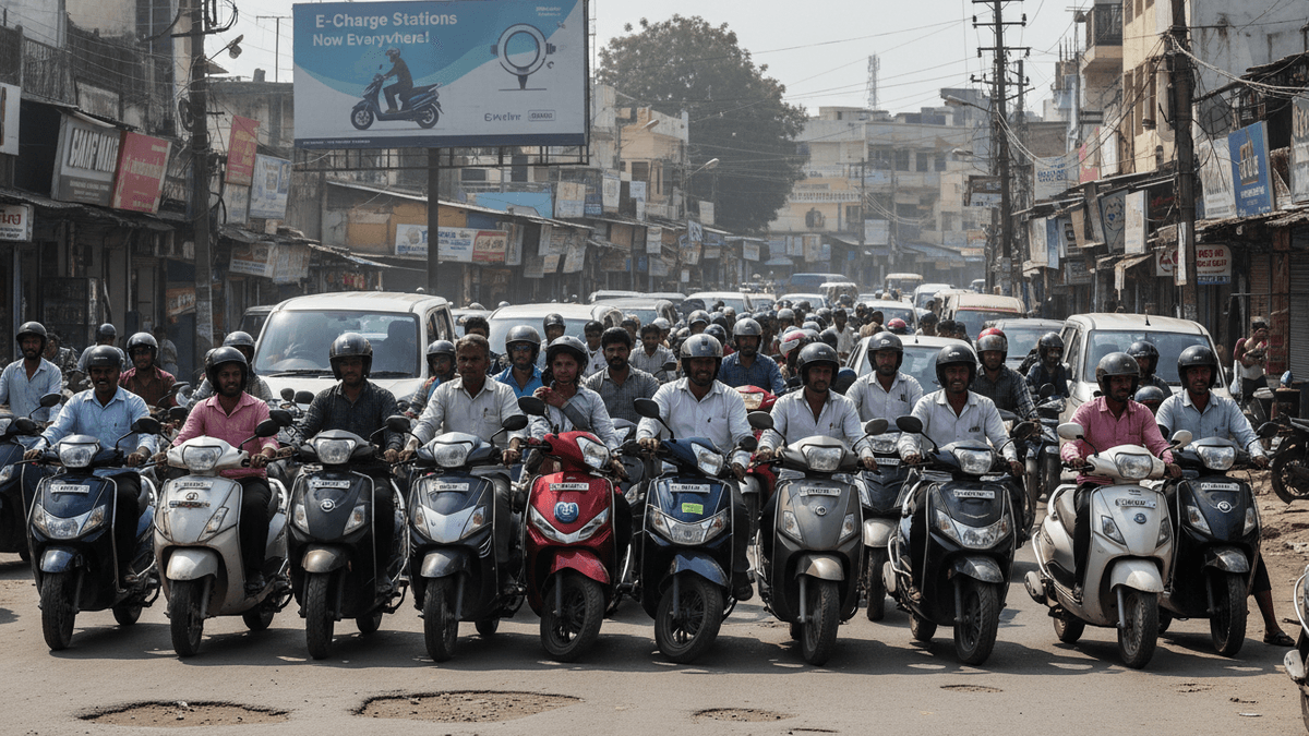 A crowded street in India with many motorcyclists stopped at an intersection, an advertisement billboard visible in the background.