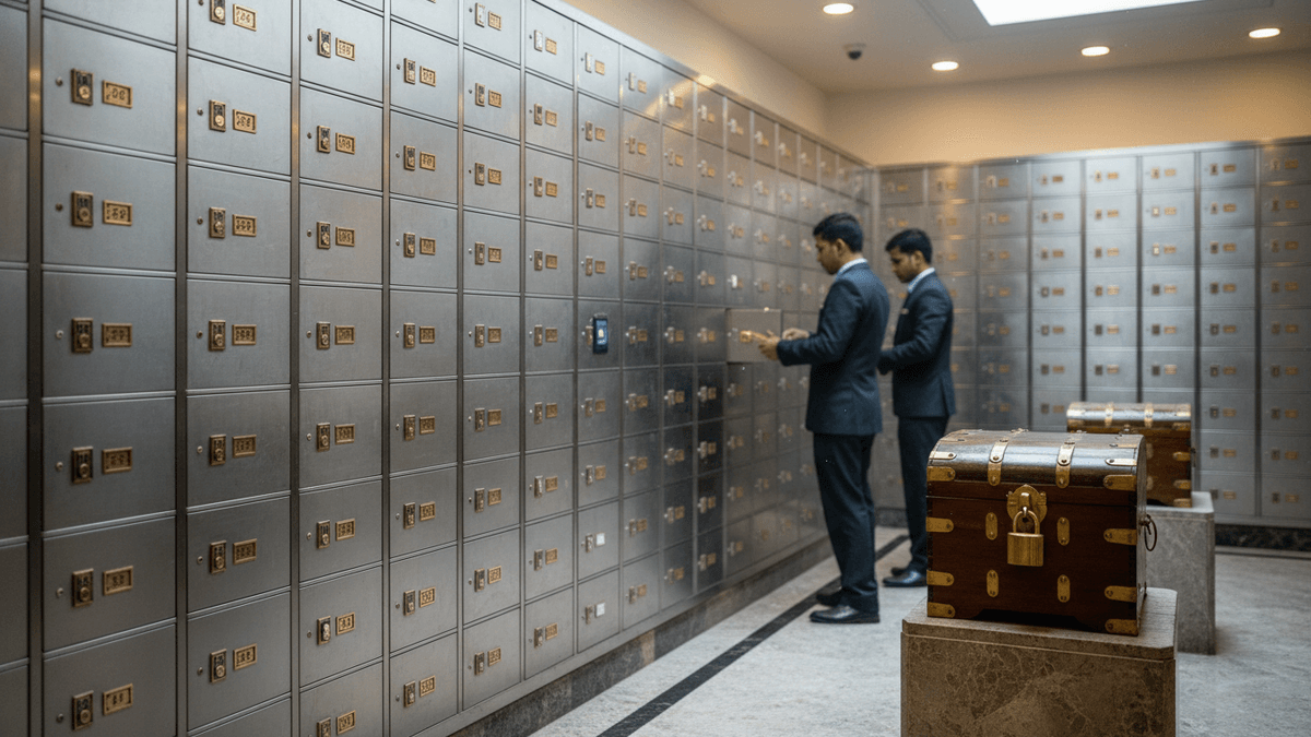 Two men in dark suits stand in a bank vault lined with rows of metal safety deposit boxes. A wooden chest is in the foreground.