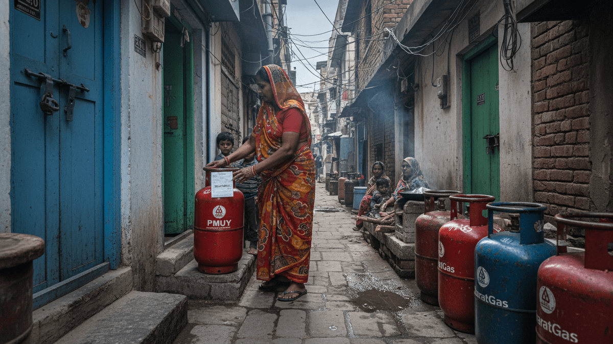 A woman in a sari handles a red cooking gas cylinder with PMUY branding in a narrow, crowded alley. Other cylinders and people are visible.