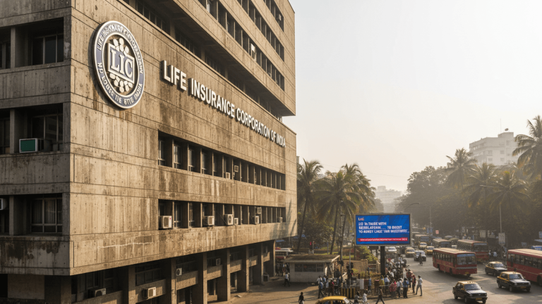 Wide exterior shot of the concrete Life Insurance Corporation of India building with its logo, a busy street with vehicles and people below.