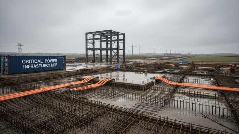A wide shot of an industrial construction site under an overcast sky, showing a steel frame structure, orange electrical conduits, and a container labeled "CRITICAL POWER INFRASTRUCTURE."