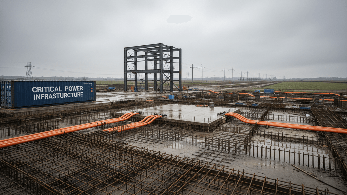 A wide shot of an industrial construction site under an overcast sky, showing a steel frame structure, orange electrical conduits, and a container labeled "CRITICAL POWER INFRASTRUCTURE."