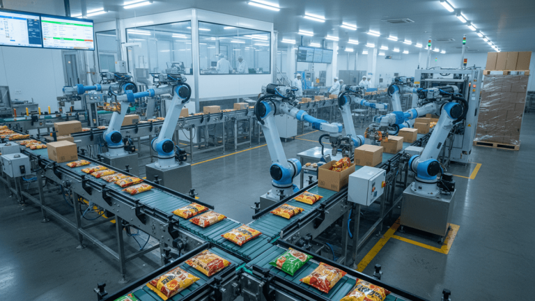 Wide shot of an Indian frozen food factory floor with automated robotic arms packaging food pouches onto conveyor belts.