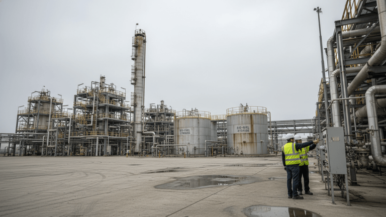 Two engineers in hard hats and safety vests stand by control panels in an industrial chemical plant.
