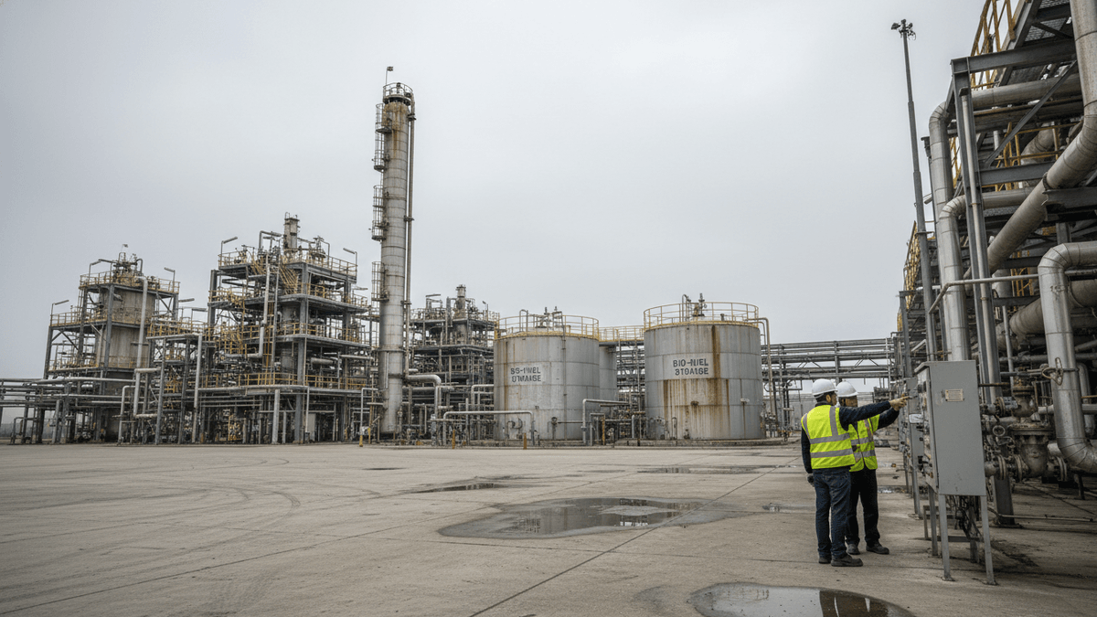Two engineers in hard hats and safety vests stand by control panels in an industrial chemical plant.