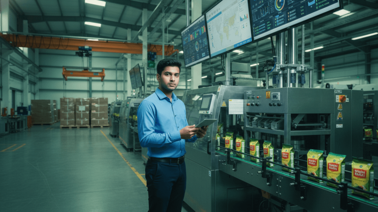 A young South Asian man stands in a brightly lit tea packaging factory, holding a tablet, with machinery and screens behind him.
