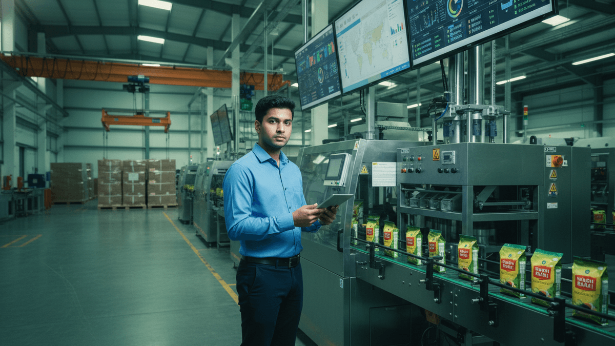 A young South Asian man stands in a brightly lit tea packaging factory, holding a tablet, with machinery and screens behind him.