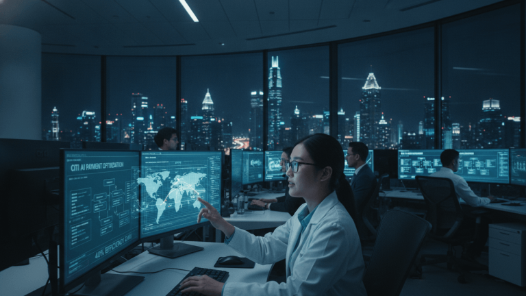 A young woman in a white lab coat uses a holographic globe interface on a computer screen in a dark, high-tech office.