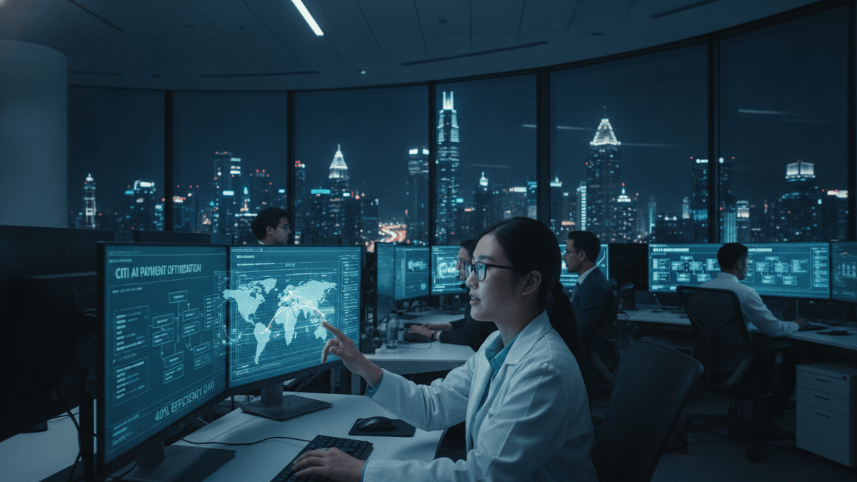 A young woman in a white lab coat uses a holographic globe interface on a computer screen in a dark, high-tech office.