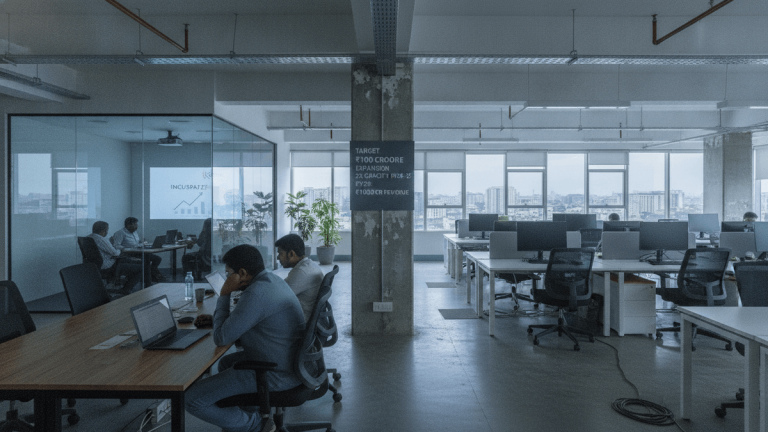 An open-plan office with large windows, several desks with computers, and a few men working. A sign displays financial targets.