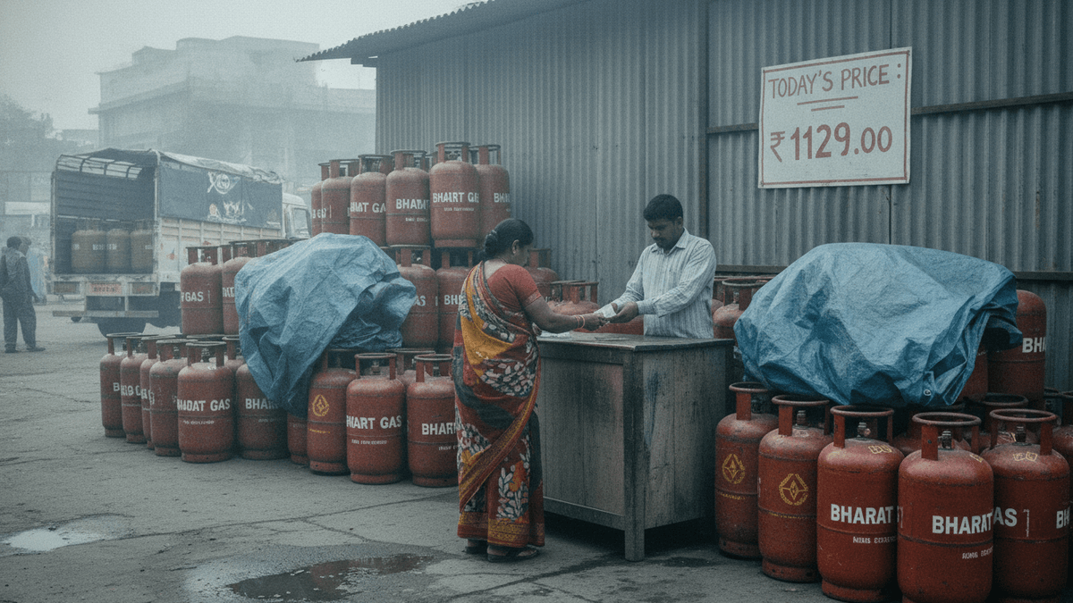 A woman in a sari interacts with a vendor behind a counter, surrounded by red LPG cylinders, under an overcast sky.