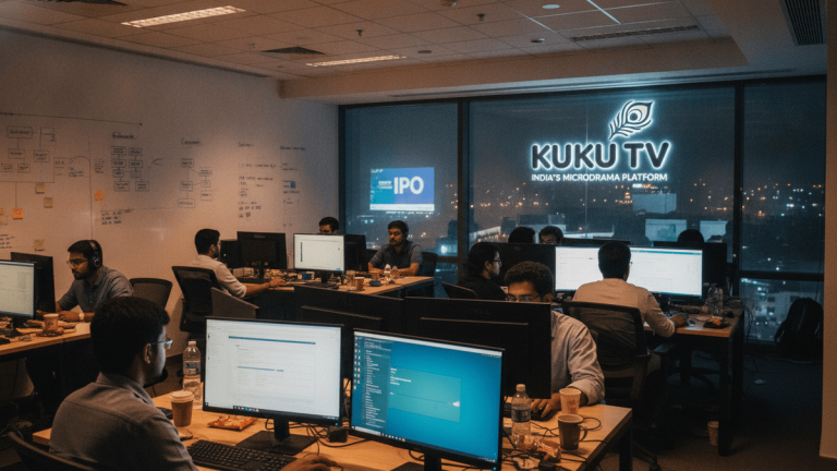 A busy open-plan office at night, multiple young professionals working at computers, reflections of city lights on the windows.